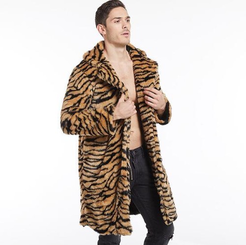 New Men's Fur Overcoat Tiger Pattern Mid Length Warm Coat Winter Trench Jacket - Picture 11 of 12