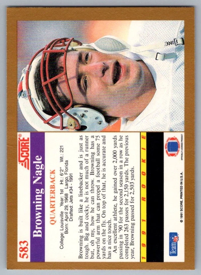 1991 Score Browning Nagle Rookie New York Jets #583 - Image 2 of 2