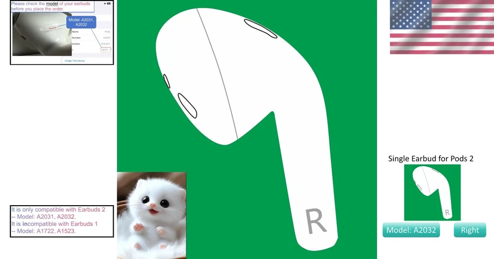 Single Right Earbud for Air Pods 2 A1938 Charging Case - Image 2 of 4