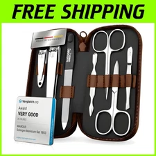 Solingen Manicure Set - 7 Piece Kit in Brown Leather Case