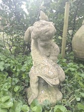 Vintage Composite Stone Statue Cherub & Fish Fountain Garden Pond Centrepiece