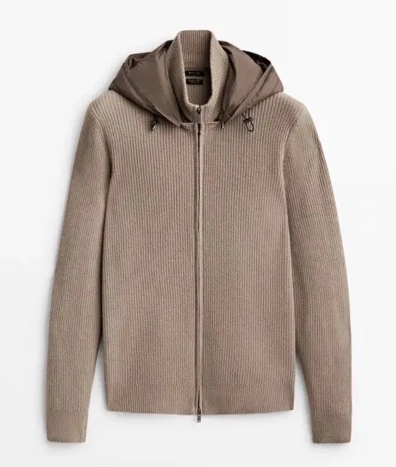 Chaqueta/Cardigan Massimo Dutti Marrón Lana Fina Con Capucha Cremallera Frontal Talla ~ L ~ Elegante Foto 2 de 4