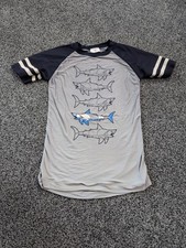 Hanna Andersson boys 140 US 10 Rash Guard Short Sleeve Navy Blue Shark Swim SPF