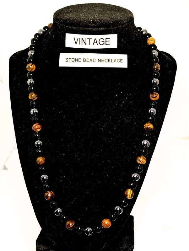 Vintage Tiger’s Eye Obsidian Hematite Beaded Necklace Natural Stone Crystal