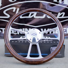 14" Billet Steering Wheel + Adapter Chevy 69-94 - Burlwood Wrap and Horn Button