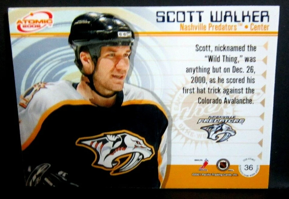 Scott Walker 2001-02 Pacific Atomic 2Clr GU Patch Card#399/428!Predators RW Star - Image 2 of 2