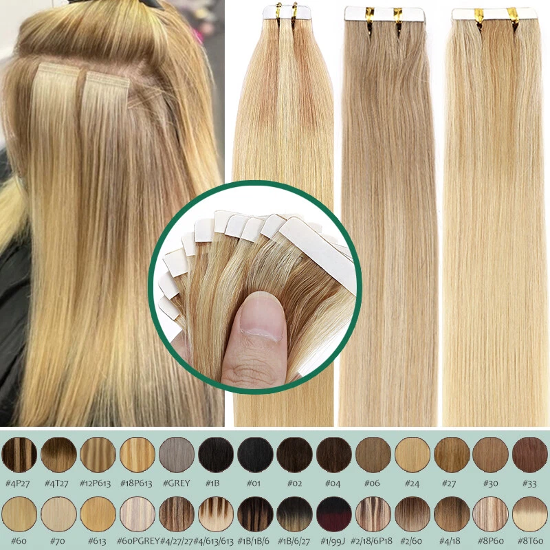 60Pcs Thick Tape In Remy Indian Human Hair Extensions Skin Weft Ombre Full Head - Image 4 of 4