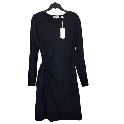 vince long sleeve tie waist dress VINCE Dress Faux Wrap Tie Waist Long Sleeve Knee Length in Black Scoop Neck  #b5