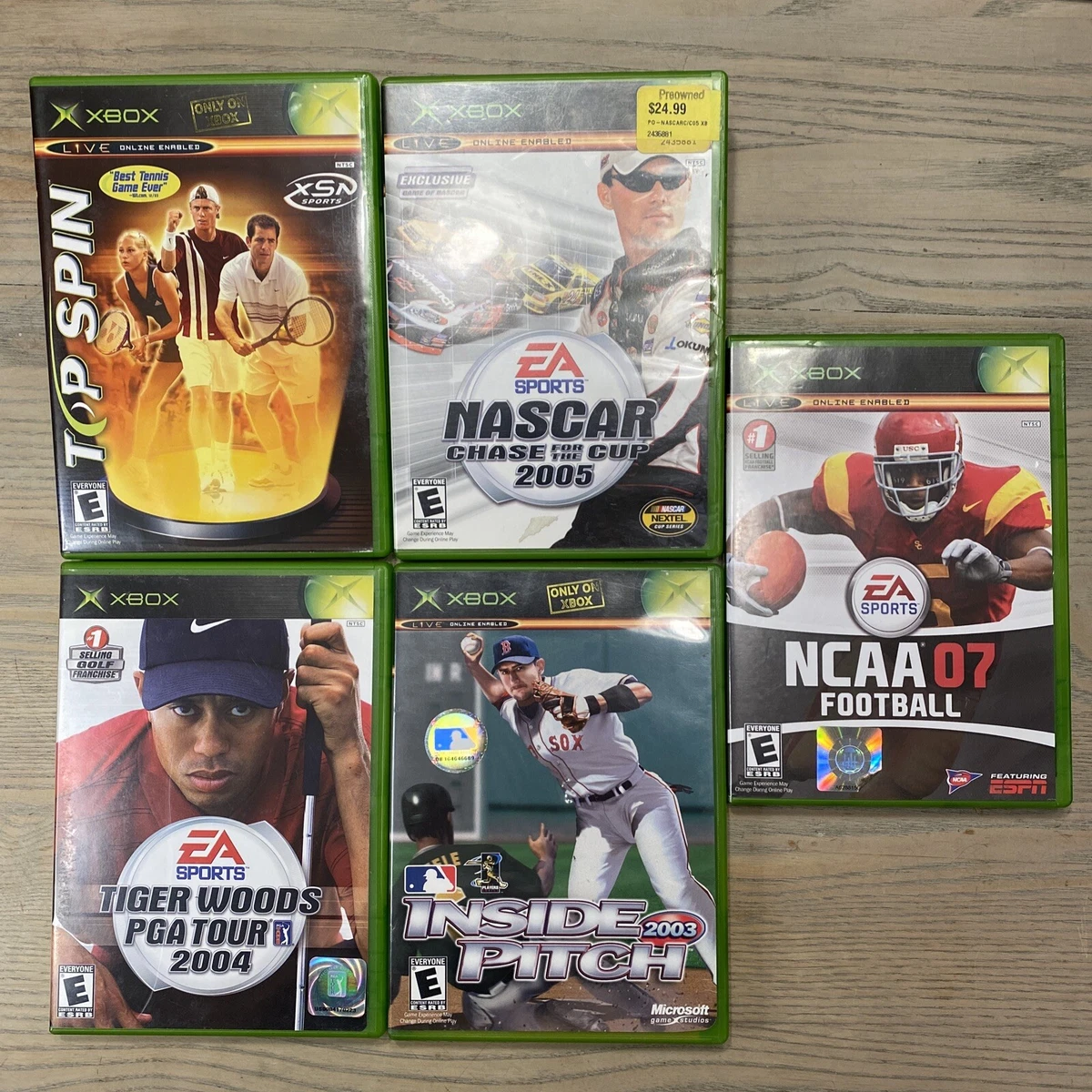 Lot of 5 Original Xbox Games Top Spin NCAA FB 07 NASCAR 05 Tiger Woods 04