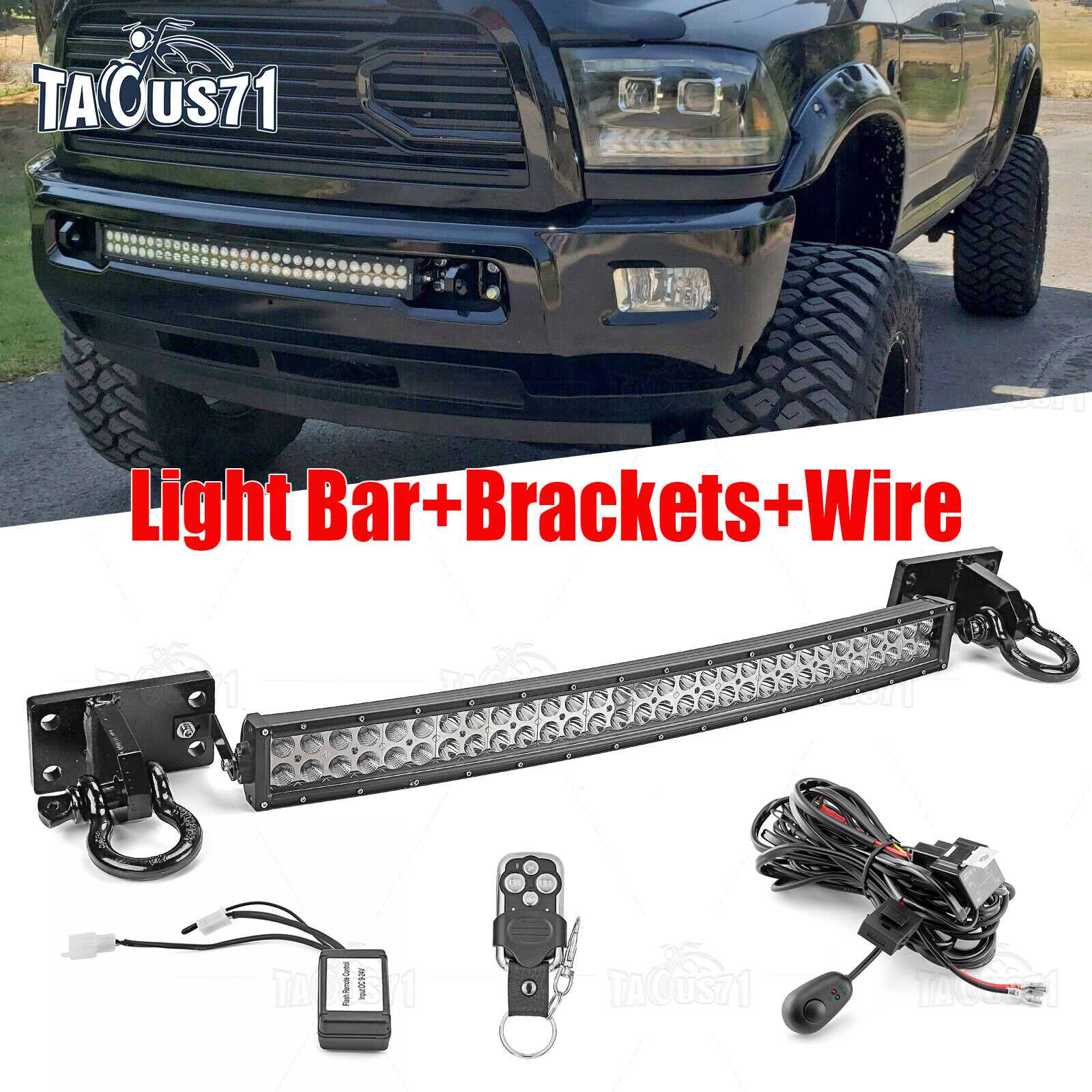 For Ram 2500 3500 4500 Bumper 32" Curved LED Light Bar Tow Hook Bracket