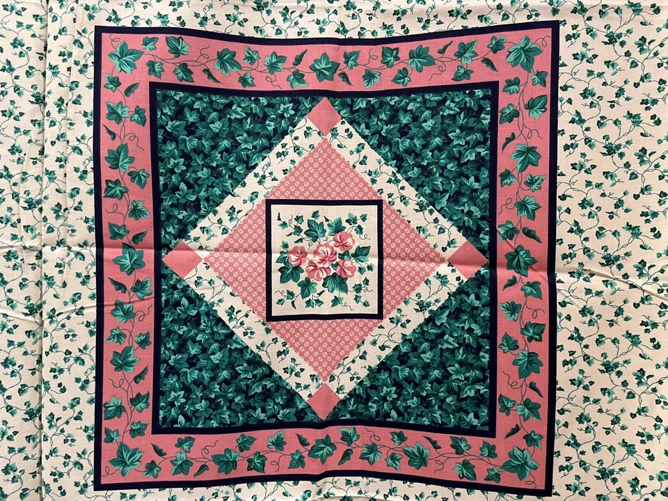 Vtg Pink Flowers, Ivy & Hearts Pillow Quilt 8 Squares Panel 1991 Fab TRADITIONS - Image 3 of 4