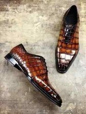 Handmade New Men's Brown/Tan Crocodile Texture Leather Formal Oxford Dress Shoes