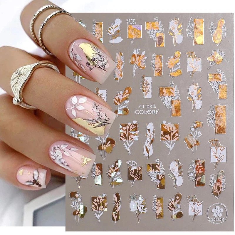 3D Nail Stickers White Gold Leaf Abstract Line Pattern Nail Decals DIY Nail  Art