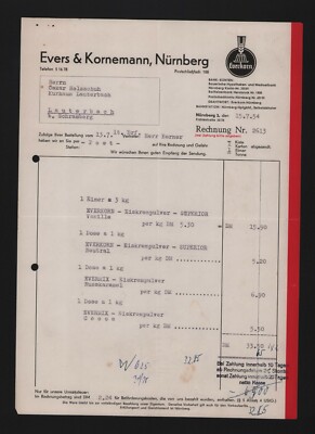 Nuremberg, invoice 1954, Evers & Kornemann Everkorn Evermix ice cream powder 