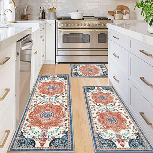 KITCHEN RUGS SET Non Slip Boho Red 3 Pcs 20"x32" 20"x48" 20"x59" ILEADING