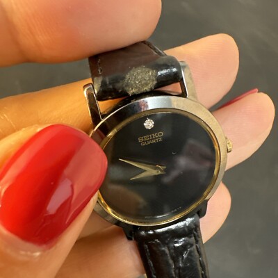 Vintage SEIKO Diamond Ultra Slim Watch Unisex Quartz Black Leather Band s-l1200.jpg main image 2