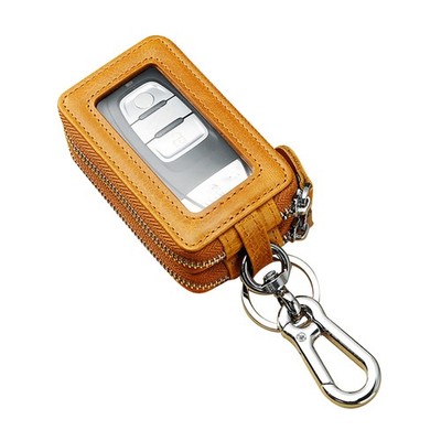 Double Layers Genuine Leather Car Key Holder Case Keychain Bag Zipper Pouch