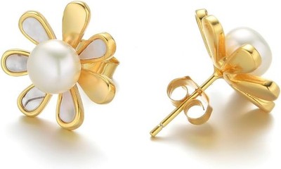 Gänseblümchen Blume Ohrstecker in 18 Karat vergoldet Sterlingsilber mit Zuchtperlen