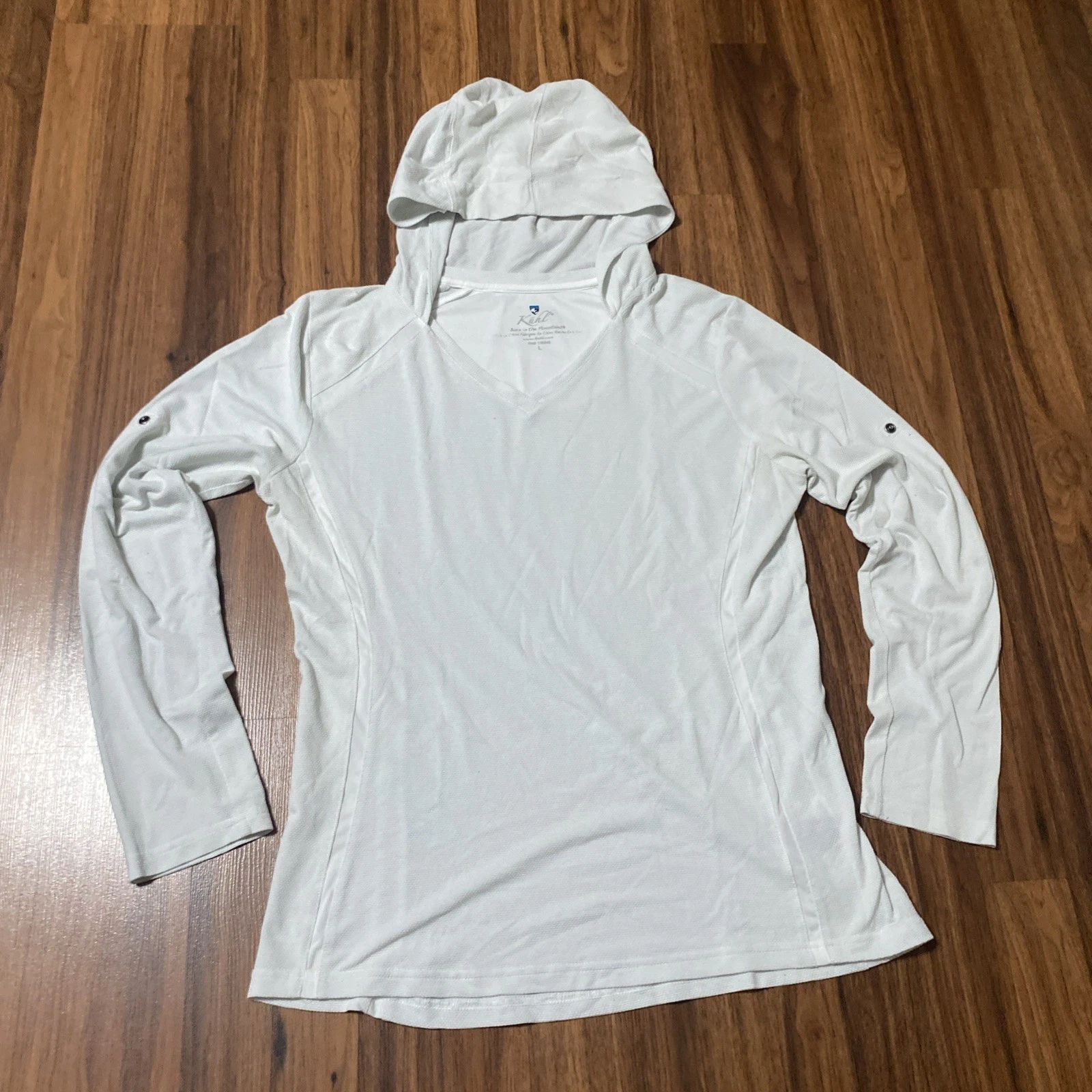 KUHL Women's White Light Weight Hoodie V-Neck Roll Tab Sleeve Active Wear Size L
