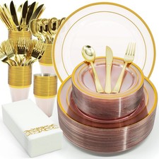 Aire 175Pcs Pink Gold Plastic Plates For Party Dinnerware Sets For 25 Guests