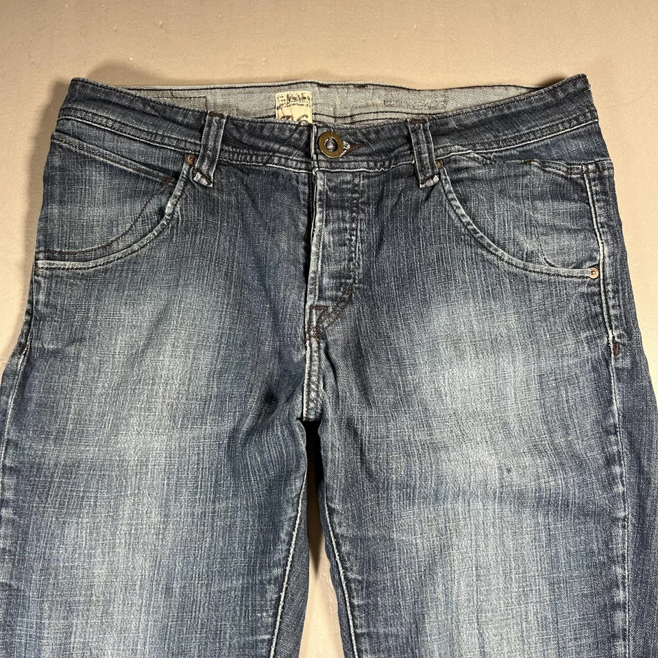 Volcom Jeans Mens 36 Blue Button Fly Straight Leg Denim Distressed Hem - Image 2 of 4