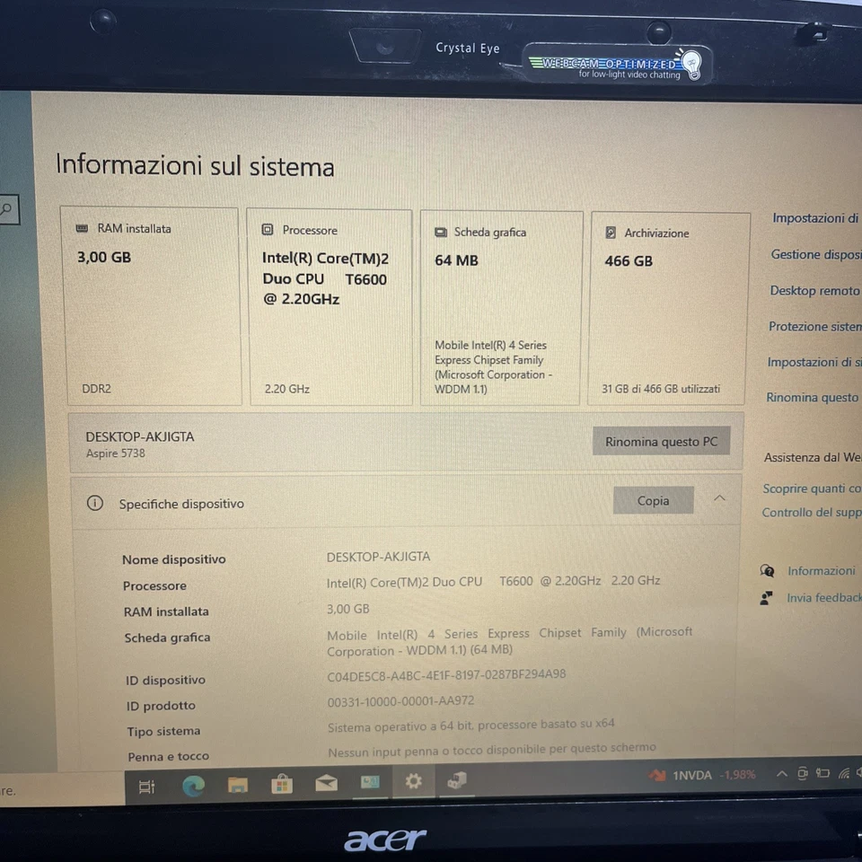 Notebook Acer 15,6p(Intel Core 2 3gb Ram Hdd500gb )Windows 10 Pro - Immagine 3 di 4