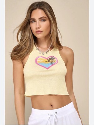 Boys Lie Boardwalk Beegee Yellow Airbrush Heart Cropped Tank Top size M/L