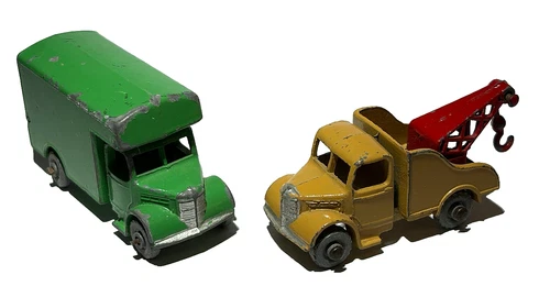 Vintage Matchbox YELLOW Lesney England WRECK TOW Truck + Diecast GREEN VAN 1950s