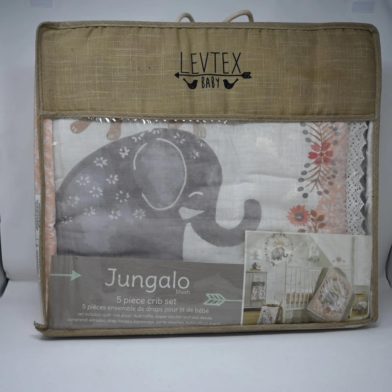 Levtex Baby Jungalo 5-Piece Crib Bedding Set Blush Elephant Nursery New