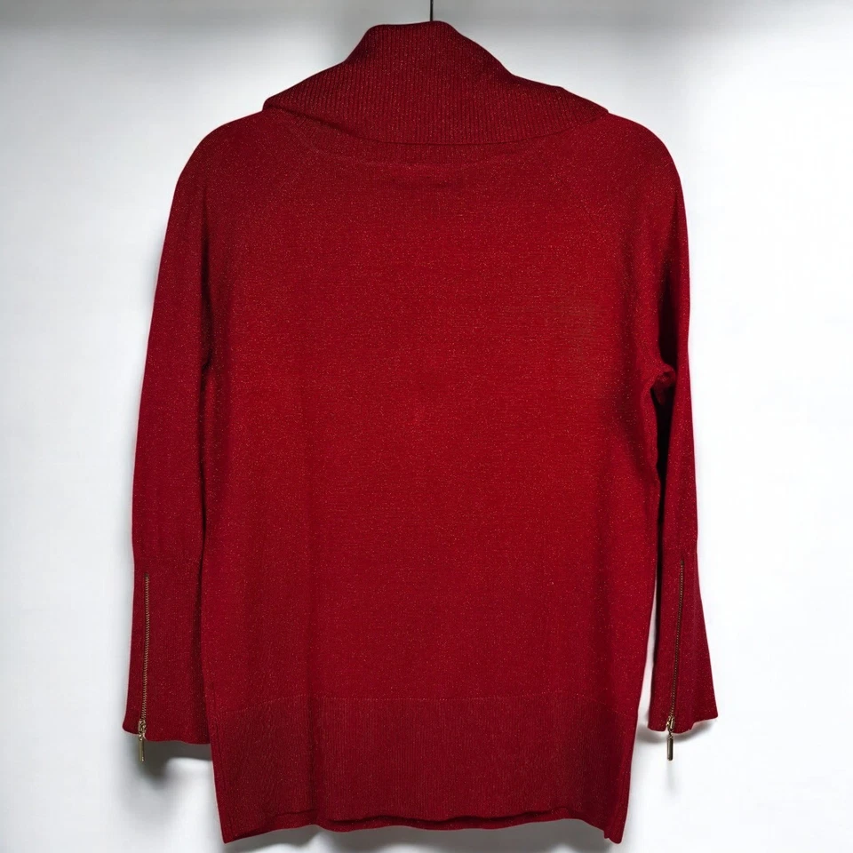 Suéter feminino Thalia Sodi grande vermelho cintilante gola alta manga longa punho com zíper - Imagem 2 de 4