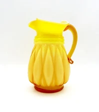 VINTAGE KANAWHA AMBER YELLOW GLASS MELON RIBBED MINI PITCHER w/ CADMIUM
