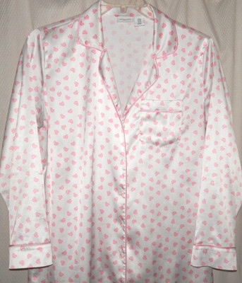 Tabitha Webb Sleepwear Satin Button-Up Sleepshirt-Sz. M White/Pink Hearts