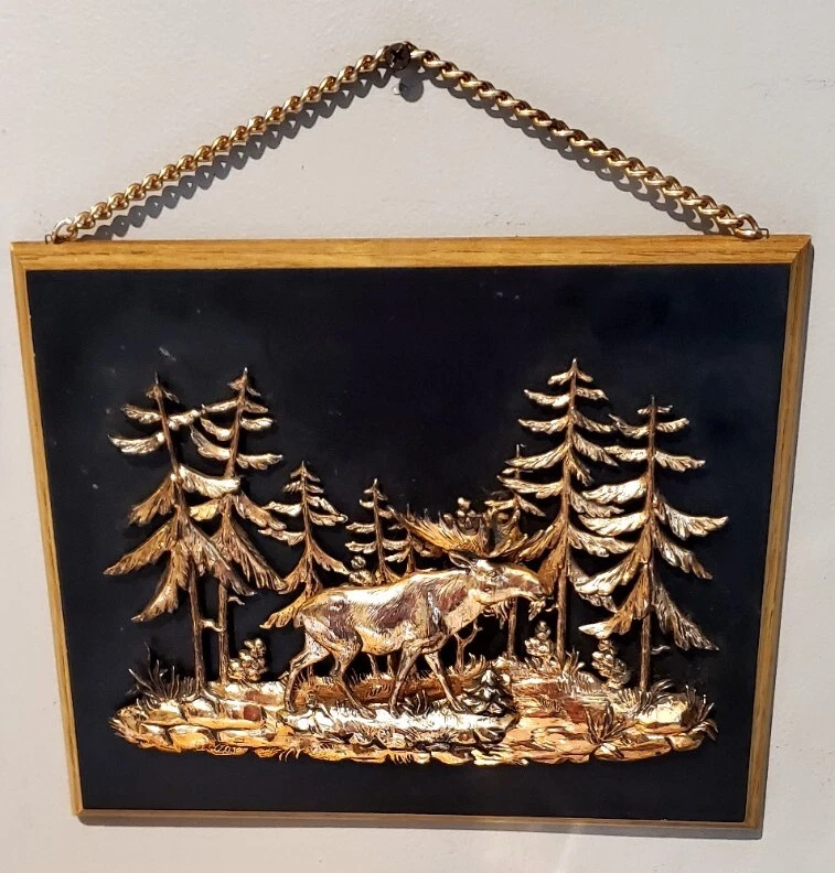  Wooden 11"x8" Wall Plaque Copper Moose Trees Scenery 3D Wall Art - Image 2 of 4