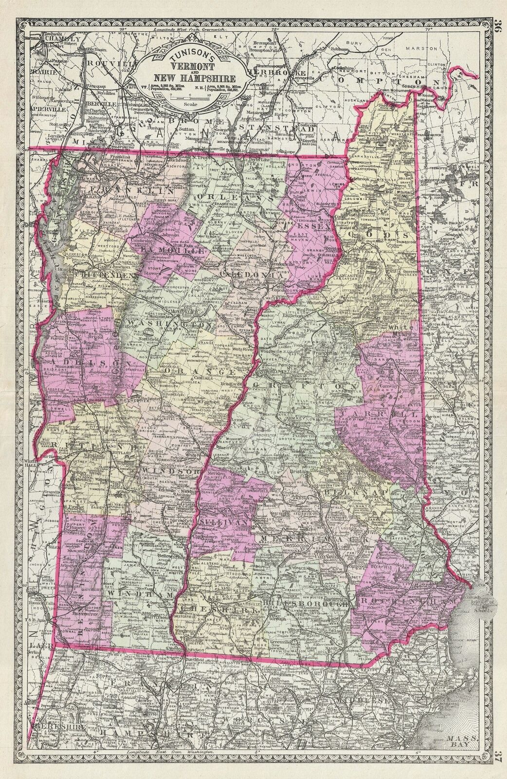 1887 Tunison Map of Vermont and New Hampshire 100% nowy, opłacalny