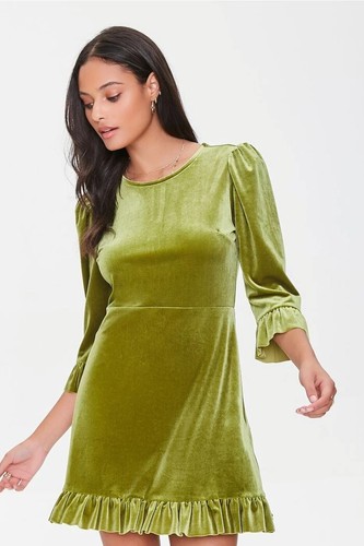Velvet Flounce Mini Dress- Green- Small - Picture 5 of 5
