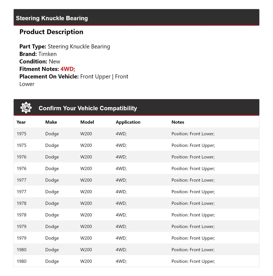 For 1975-1980 Dodge W200 4WD Steering Knuckle Bearing Timken 1976 1977 1978 1979 - Image 2 of 4