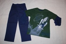 Boys DARK GREEN L/S T-SHIRT Rocket Space Shuttle NAVY BLUE PANTS Woven SIZE 5