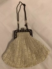 Clara Studio VTG Ivory beaded Evening Fan Purse/Clutch metal swarovski Crystal