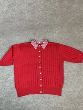 Vtg Sweater Eagles Eye L Red Knit Button Front Collared Prairie Granny Cottage