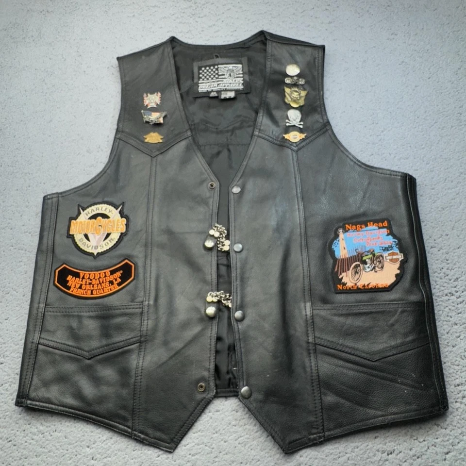 Bikers Dream Vest Men 46 Black Leather Flag Patches Pins Owners Group Bar Shield - Image 2 of 4