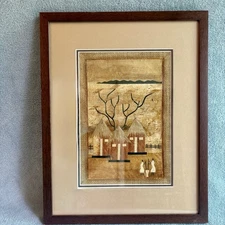 Vintage African Banana Leaf Painting Burlap Art Framed Matted 13.75” X 17.5”