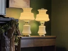 Vintage Hobnail Milk Glass Hurricane Table Lamps Pair Fenton Style Ruffled 20" H