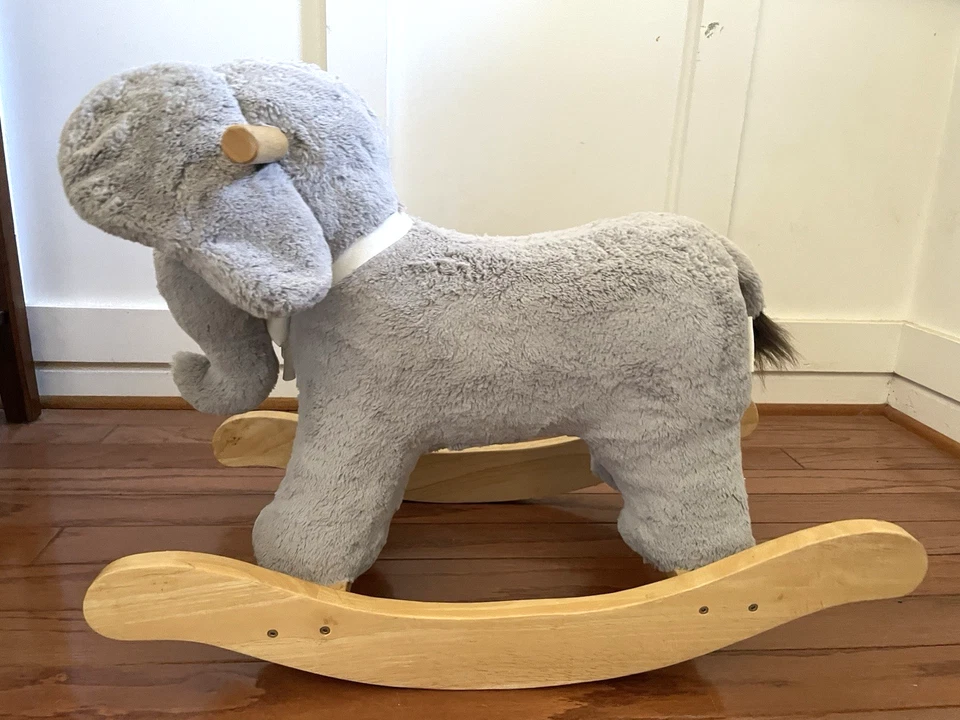 Pottery Barn Kids Elephant Plush Nursery Rocker Gray Wood Animal Rocking Ride-on - Image 4 of 4