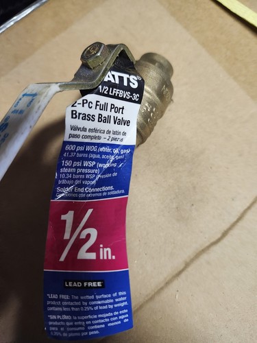 Watts 1/2” LFFBVS-3C Brass Ball Valve Full Port Sweat Lead Free 600 wog