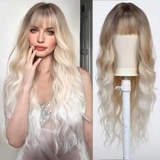 Long Wavy Ombre Platinum Blonde Wig for Women Natural Synthetic Hair Heat Resist