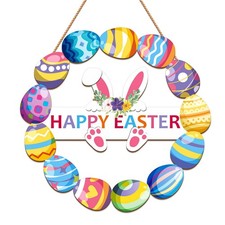 Wooden Easter Door Sign Wreath for Front Door Rustic Bunny Egg Happy Decor 1