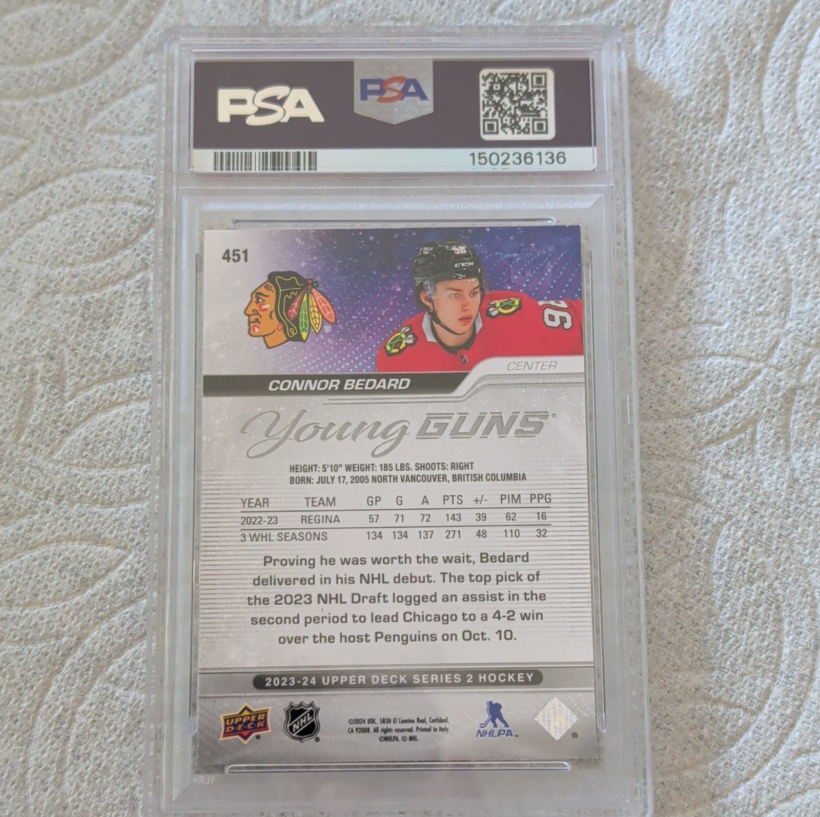 Upper Deck Young Guns Connor Bedard #451 Chicago Blackhawks 2023-24 PSA 9 view 2
