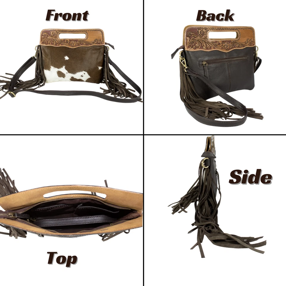 Leather Hand-Tooled Hair-on Fringe Bag with with Free Gift, Bifold Black Wallet - Image 3 of 4