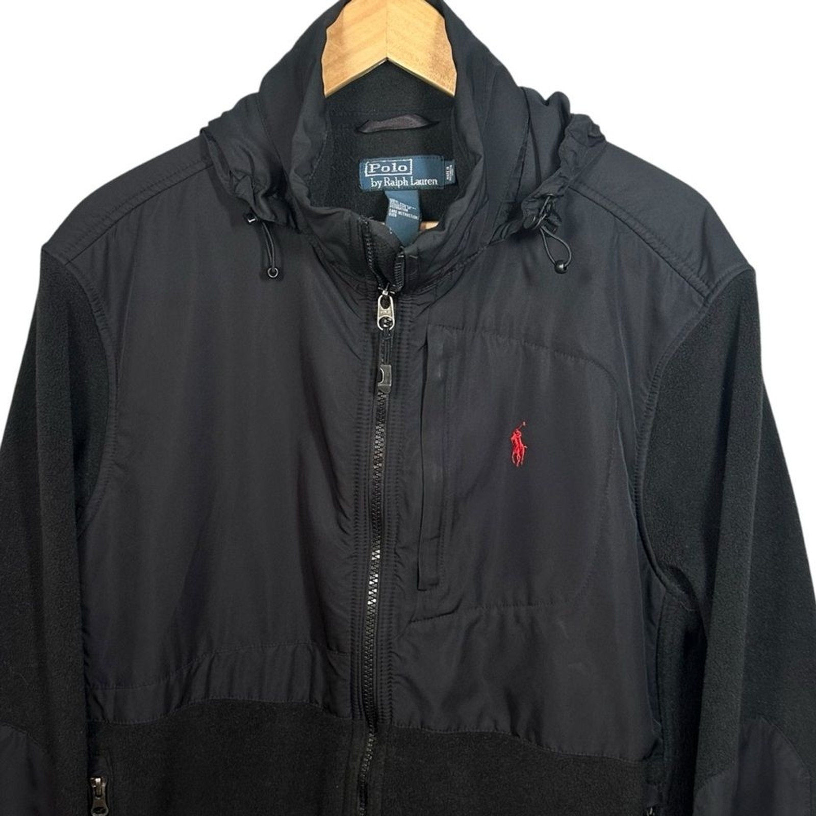 Vintage Polo Ralph Lauren Polartec Denali pile giacca cappuccio uomo M nero rosso pony