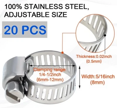 KINDZA Hose Clamp 20 Pack Stainless Steel Adjustable 6-12mm Size Range Worm Gear Hos...